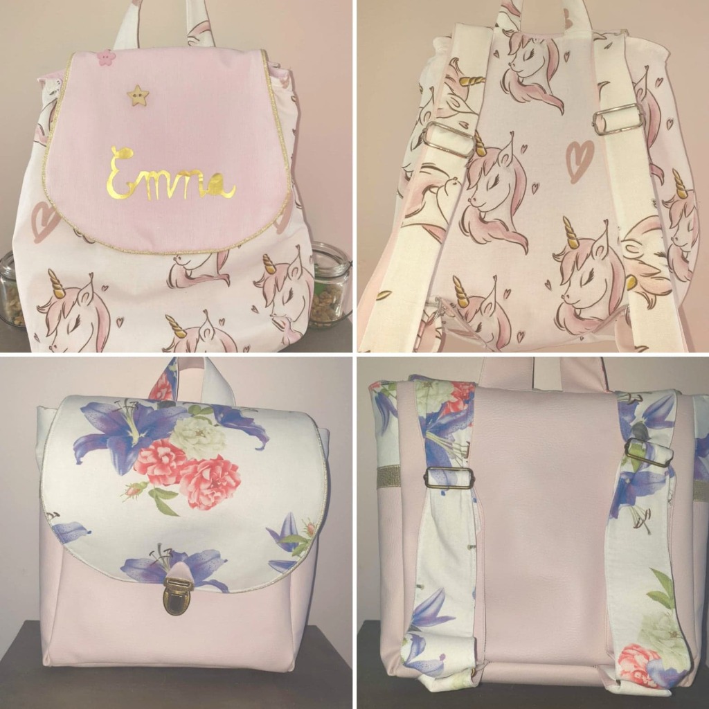 Deux merveilleux petits sacs réalisés par calieetsacouture avec les tissus Licorne et Bouquet de printemps violet.