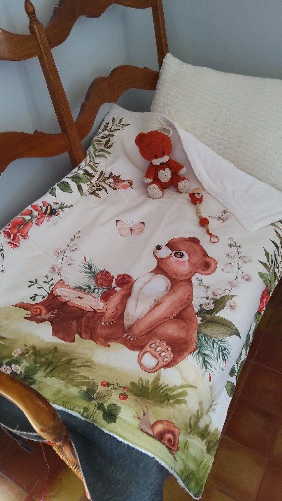 Merci à Nathalie pour le partage de sa belle couverture réalisée avec le tissu 75x100 ours en forêt.