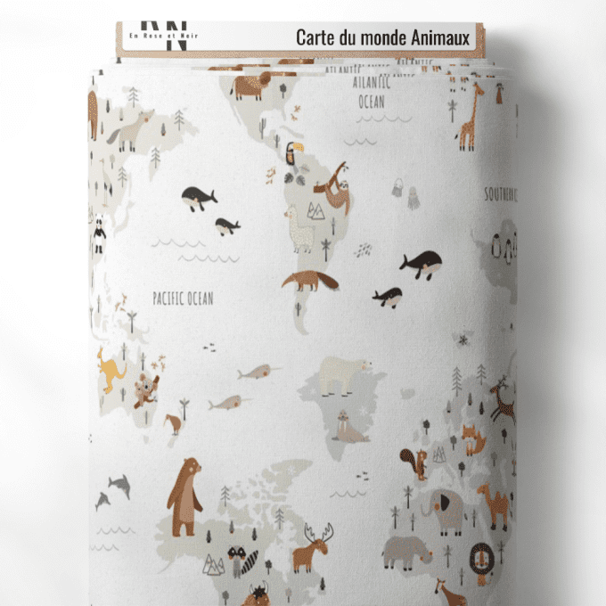 Tissu carte du monde et animaux