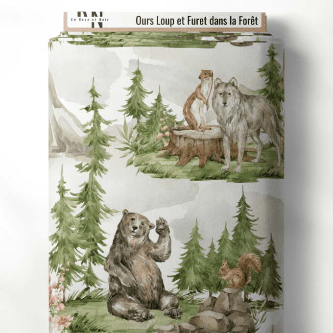 Tissu animaux ours loup furet dans la forêt