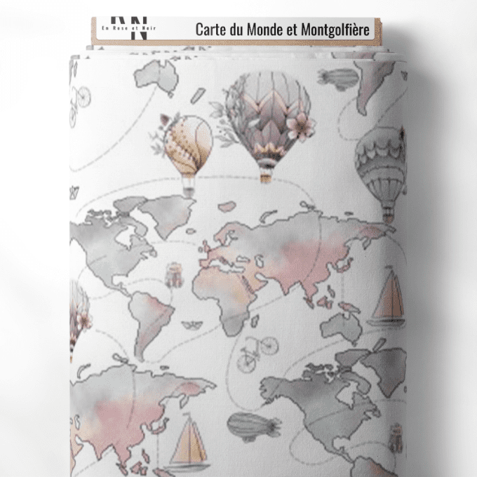 Tissu carte du monde et montgolfière