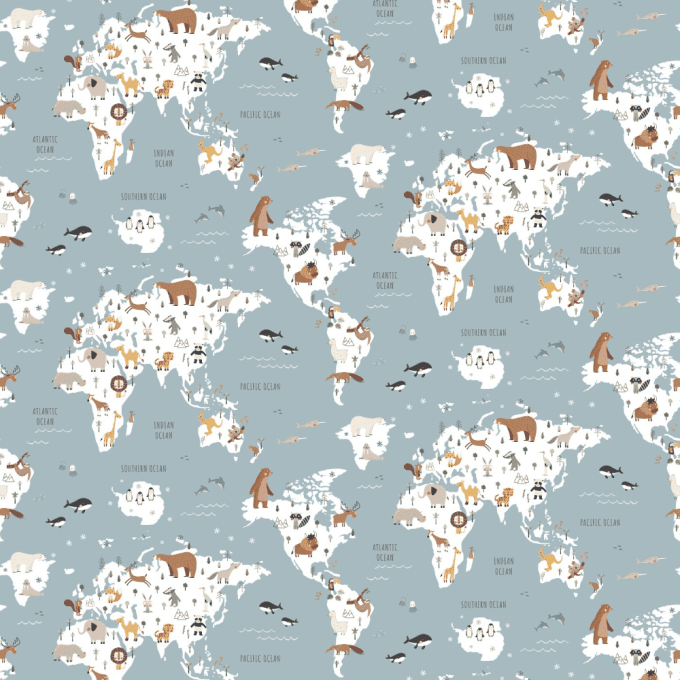 Tissu carte du monde et animaux fond bleu