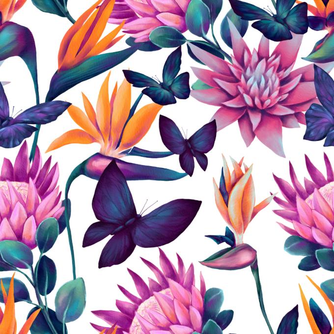 Tissu fleurs tropicales et papillon
