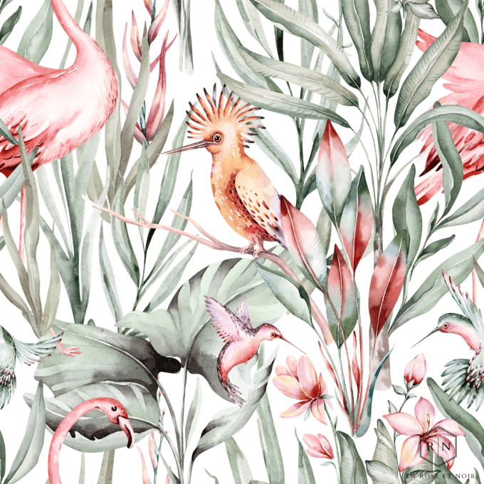 Tissu savane jungle flamant rose et oiseau