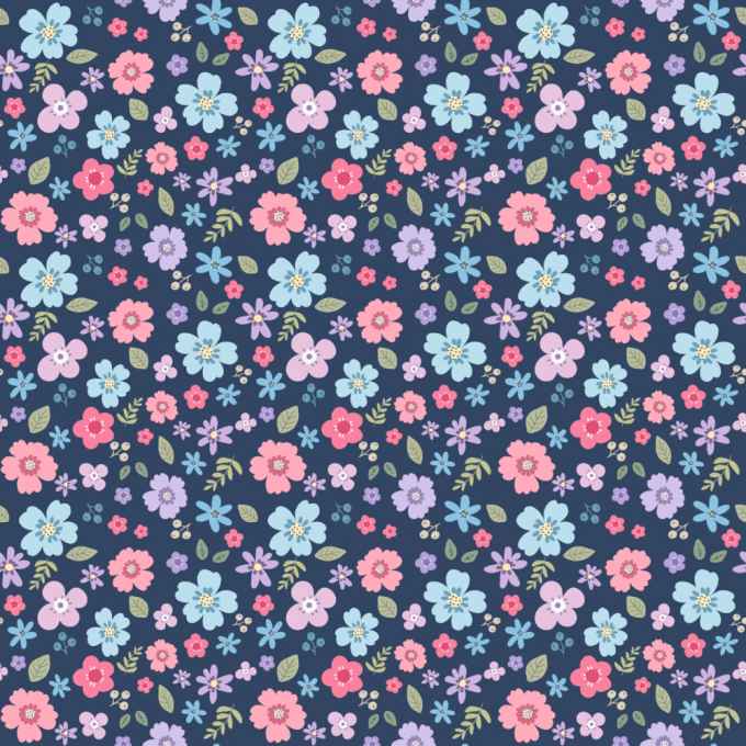 Tissu petites fleurs prairie fond bleu