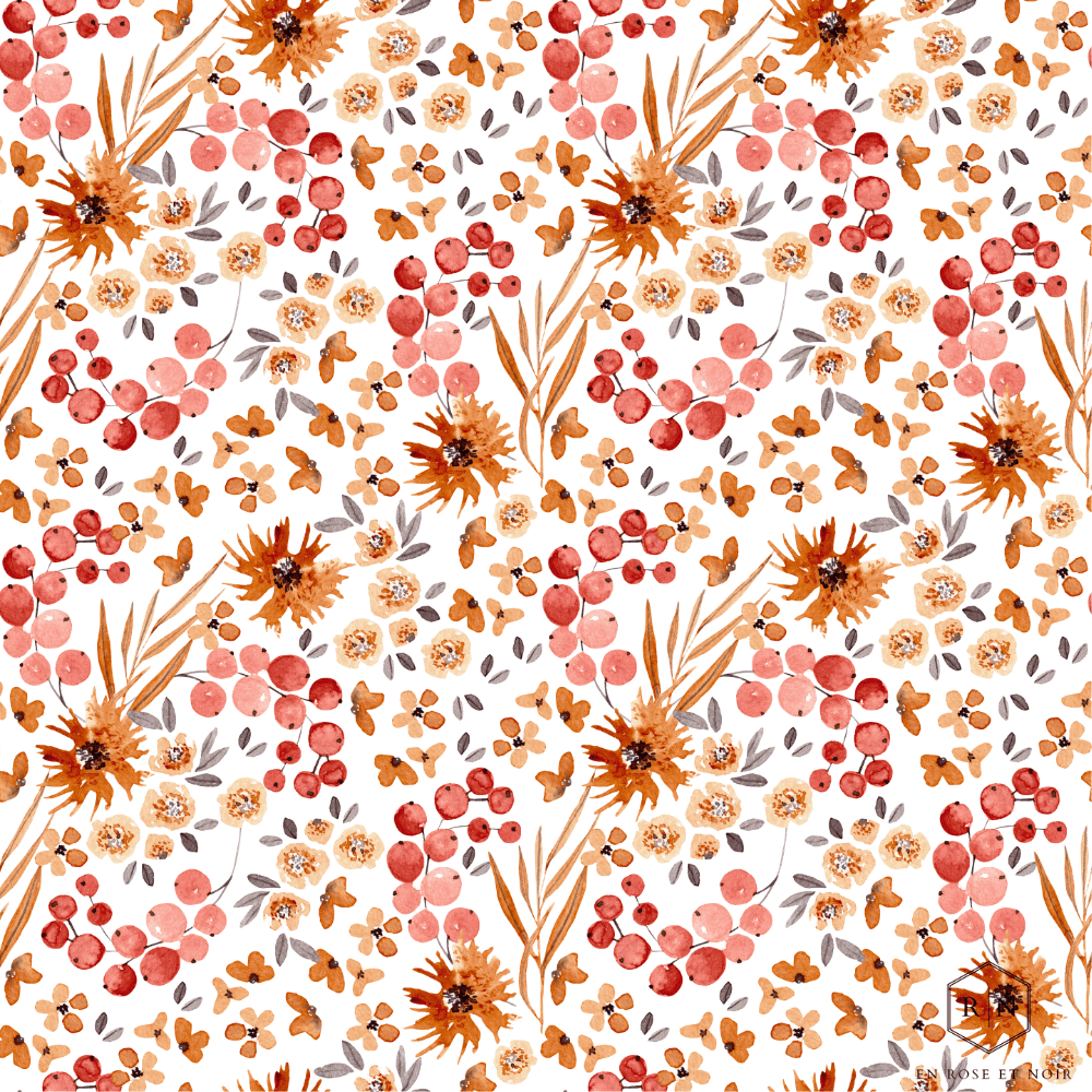 Tissu champ de fleurs séchées orange et rouge