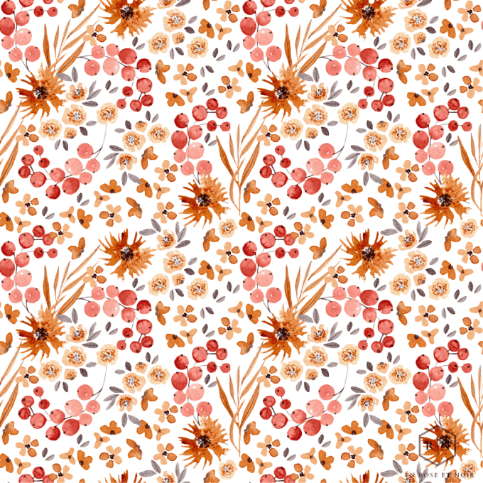 Tissu champ de fleurs séchées orange et rouge